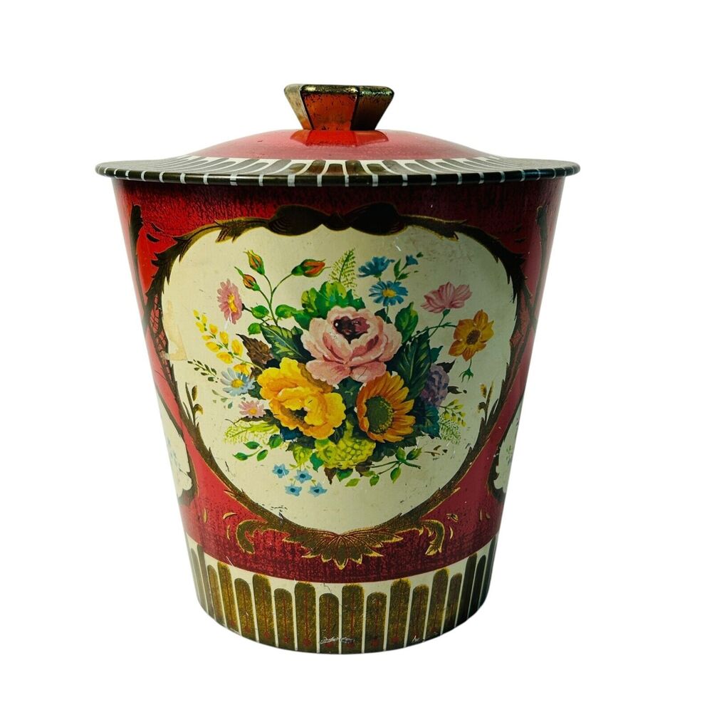 Vintage George Horner Toffee Tin Round Floral Red Gold Cottage Core England